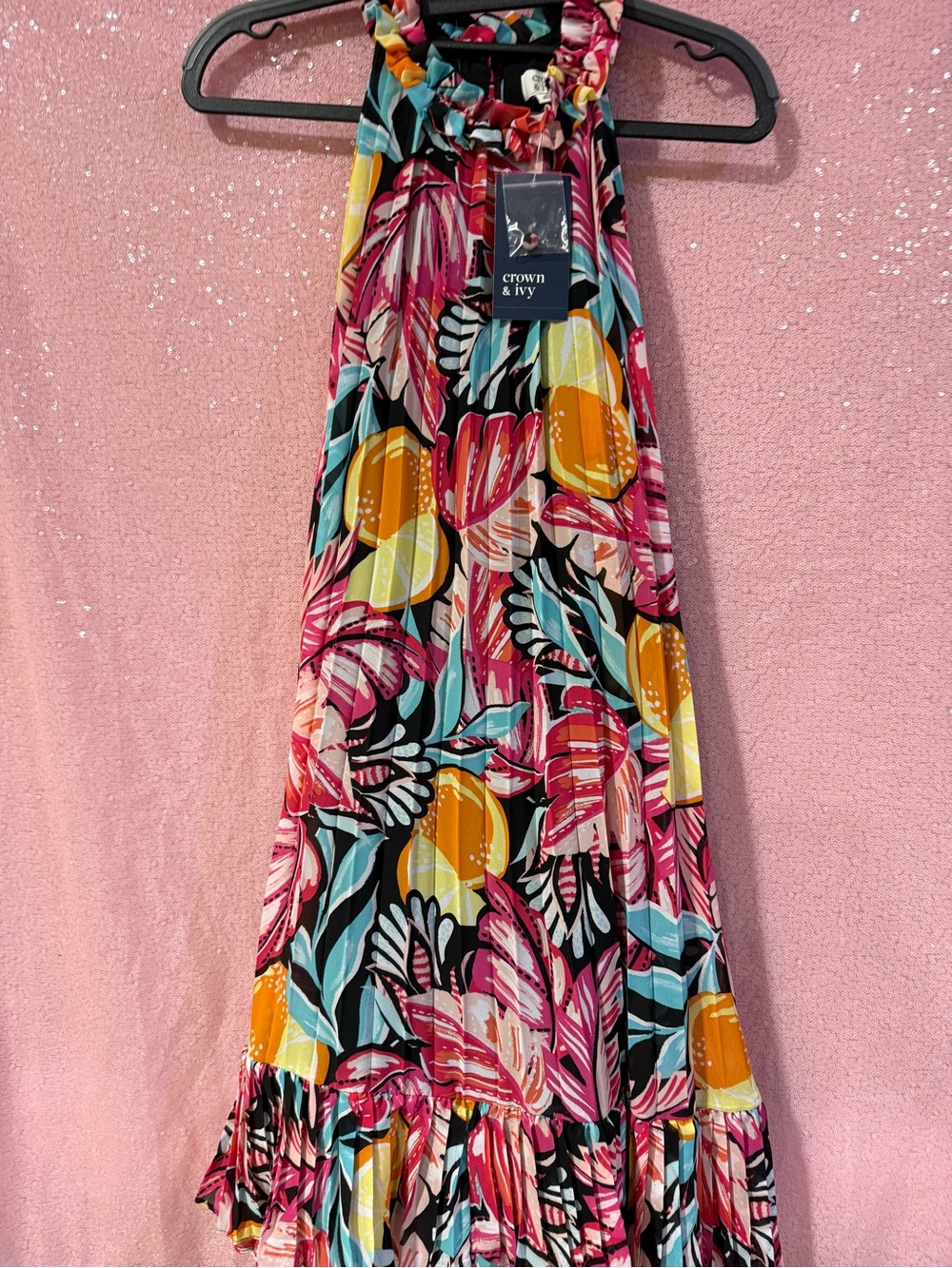 crown & ivy Black Multicolor Tropical Halter Maxi Dress M10